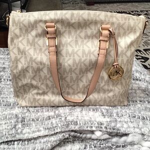 Michael Kors Beige Canvas Tote with Pink Leather Straps